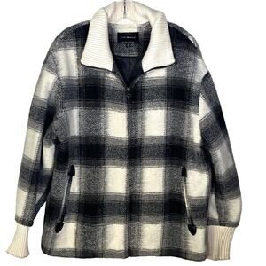 Vintage Lucky Brand Black White Plaid Check Wool Blend Zip Jacket